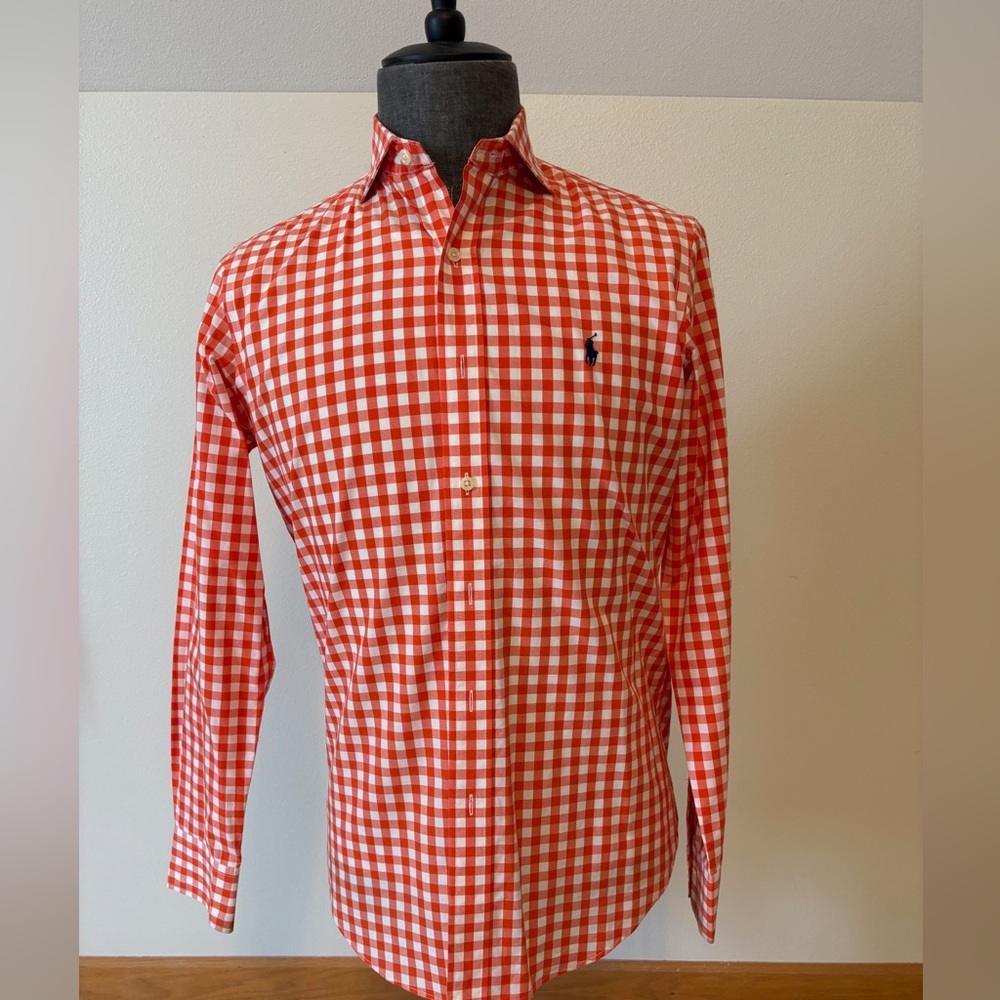 Ralph Lauren Orange and White Gingham Casual Button Down Shirt Small